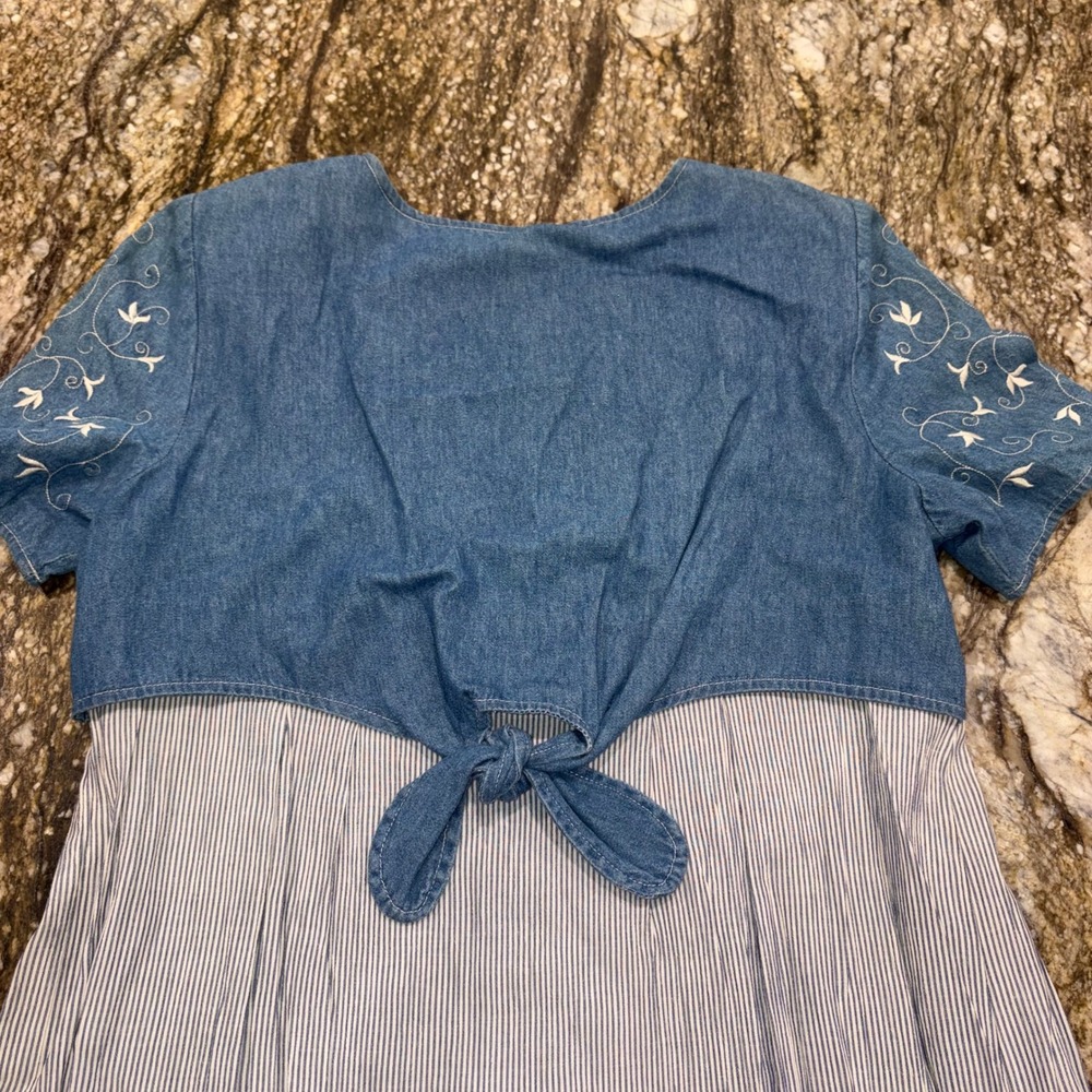 Vintage Embroidered Denim Striped Midi Dress Cottagecore Women 14P Blue - Picture 7 of 12